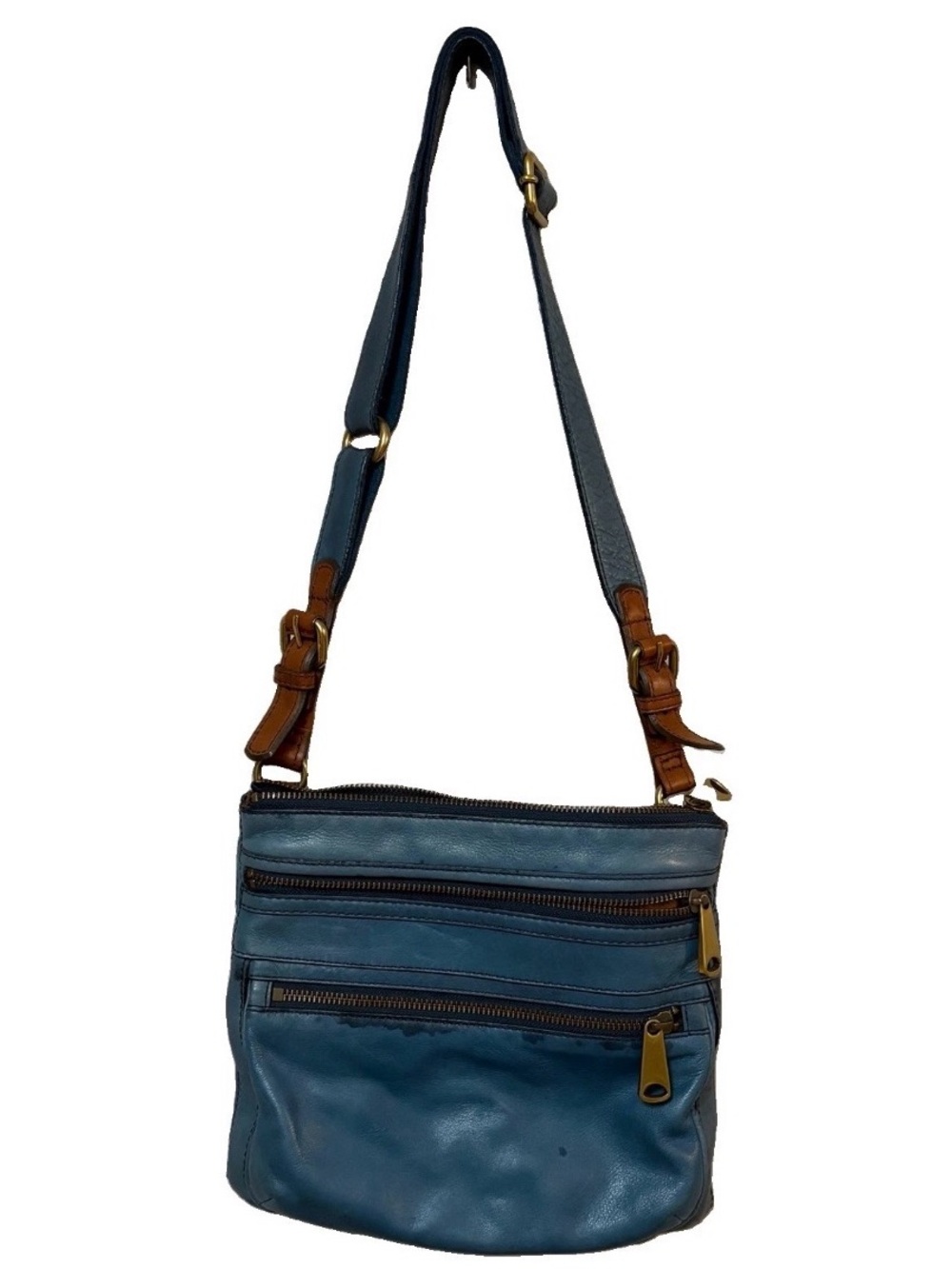 Fossil Explorer Crossbody Bag Purse Blue Leather Heritage Collection Adjustable